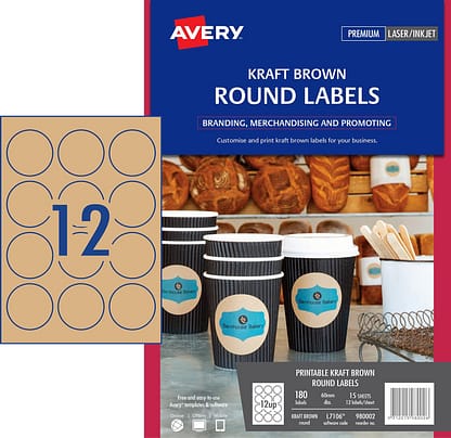 avery 980002 L7106 round kraft labels 180 pack