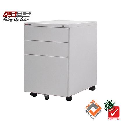 Ausfile Mobile Pedestal with 2 Pen Drawers and 1 File Drawer White Satin